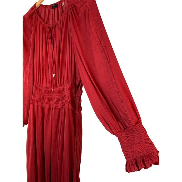 T Tahari Red Midi Dress XL Ruffle Smock Waist & Cuffs Pockets NWT 10014 - Picture 4 of 14